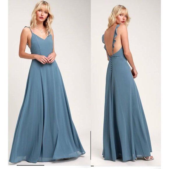 LULUS Meteoric Rise Women Maxi Dress Sz L Slate Blue Evening Wedding Glamorous - Picture 1 of 15